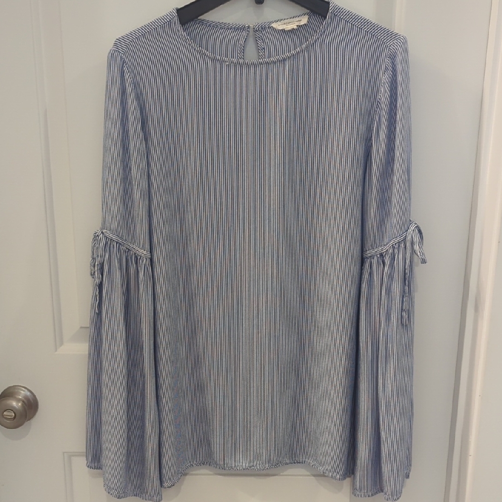 beachlunchlounge Blue Vertical Striped Blouse with Bell Sleeves And Elbow Ties